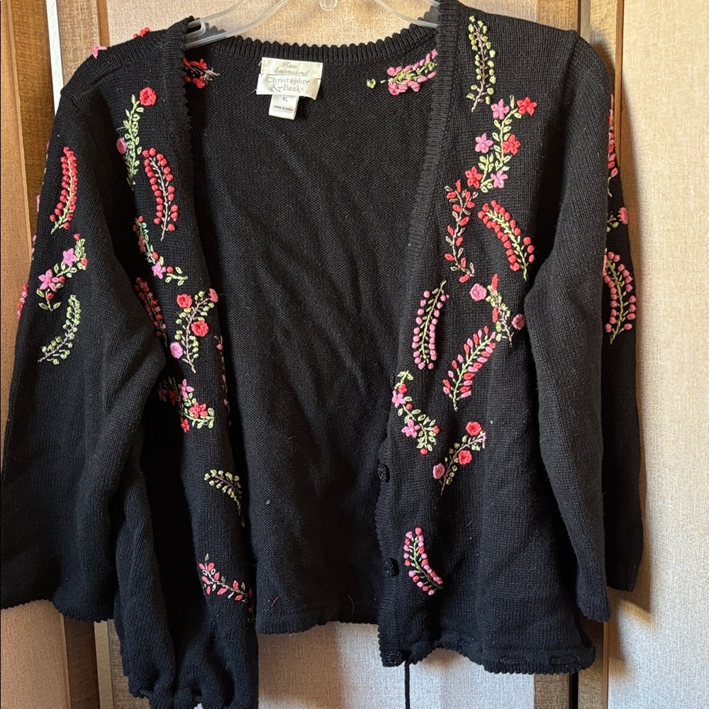 Christopher and banks Black Cardigan with Floral Embroidery xl